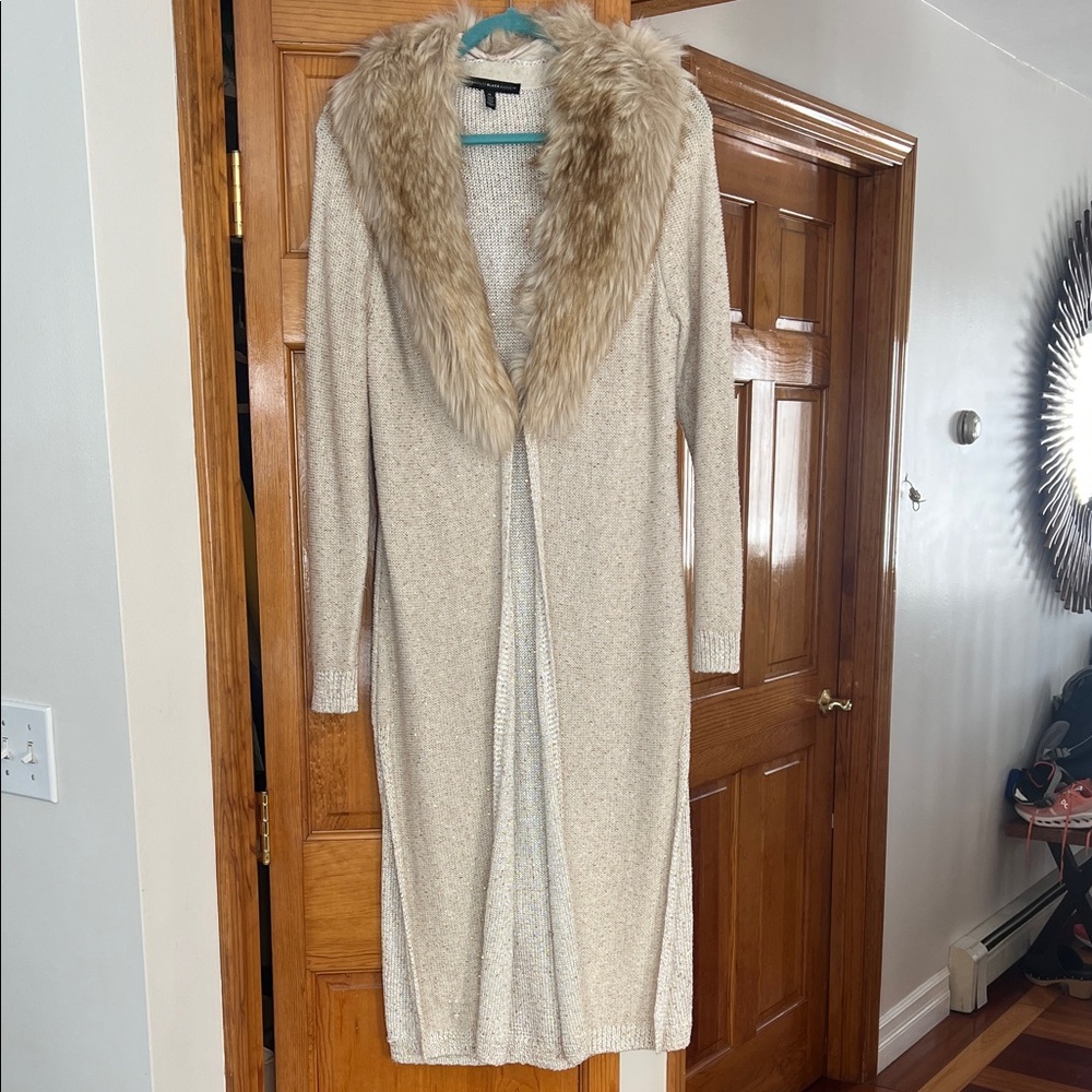 White House Black Market Beige Cardigan with Faux Fur